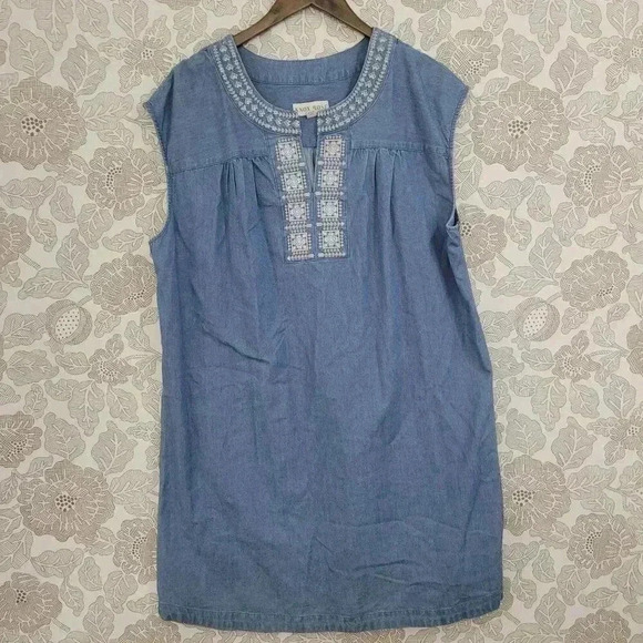 Knox Rose Womens Chambray Embroidered Tunic Sleeveless Dress XXL 65% Cotton - Picture 1 of 7